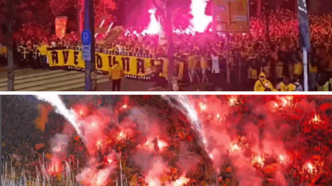 „Ave Dynamo“-Fanmarsche & Feuerwerk im K-Block