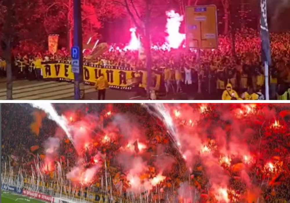 „Ave Dynamo“-Fanmarsche & Feuerwerk im K-Block
